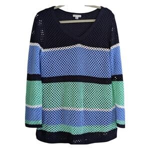 Croft & Barrow Crochet Sweater XL Blue Teal Navy Striped Lined Top